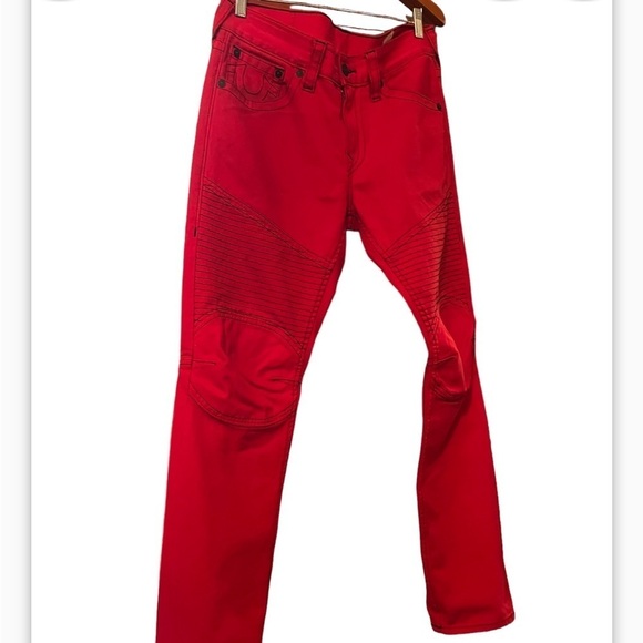 True Religion Red Mens Motto Denim Jeans Sz 32 Red Straight Leg - Picture 3 of 13